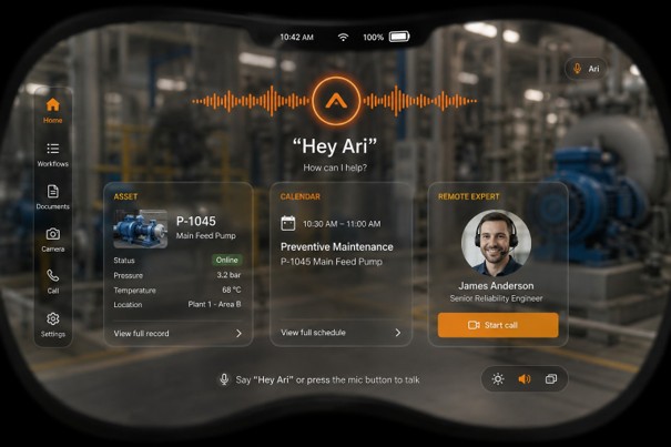 The Ari OS interface responding to “Hey Ari,” surfacing an asset record, calendar entry and remote expert